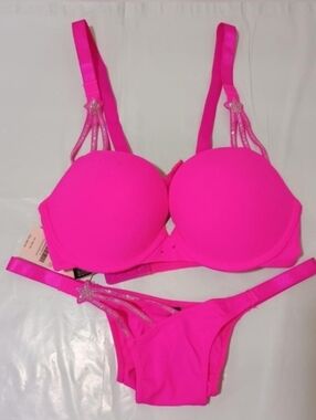 Victoria's Secret Hot Pink Rhinestone Bra Panty Set 36B & Large underwear NWT